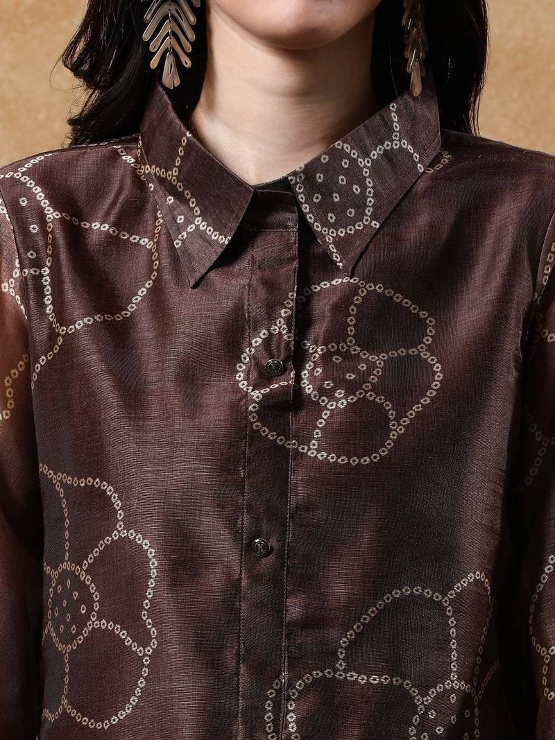 women bandhani printed regular chanderi silk workwear kurta with trousers