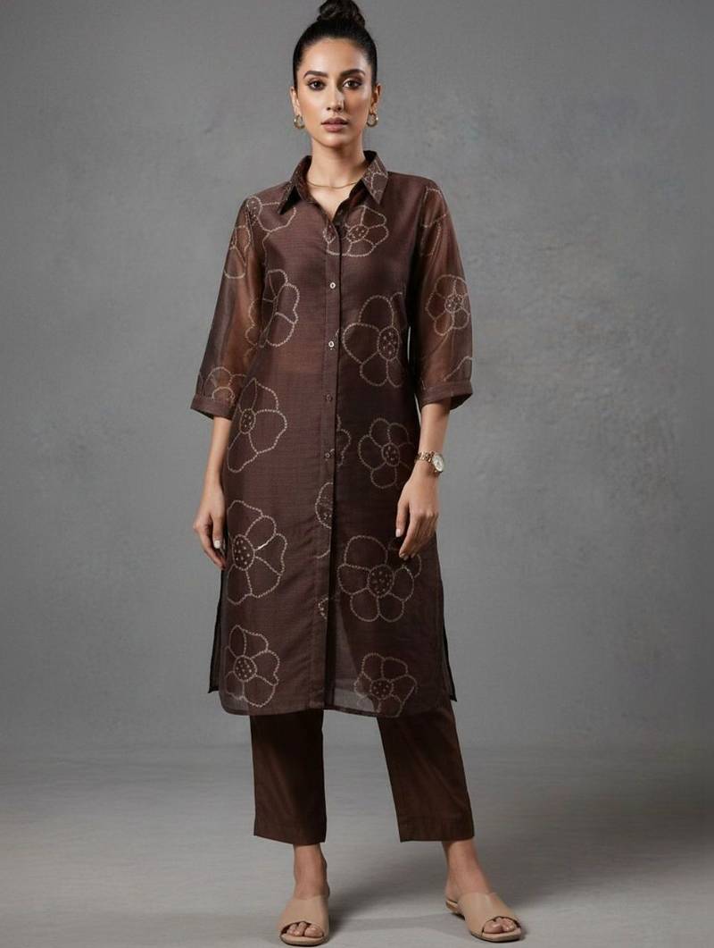 women bandhani printed regular chanderi silk workwear kurta with trousers