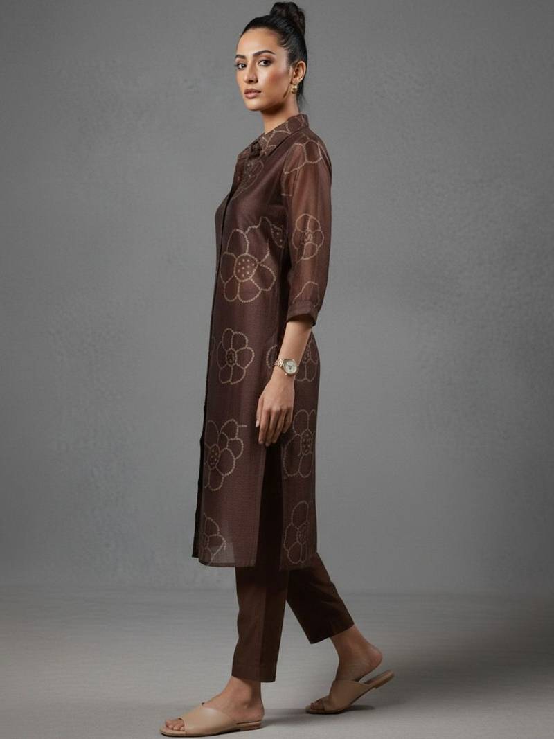 women bandhani printed regular chanderi silk workwear kurta with trousers