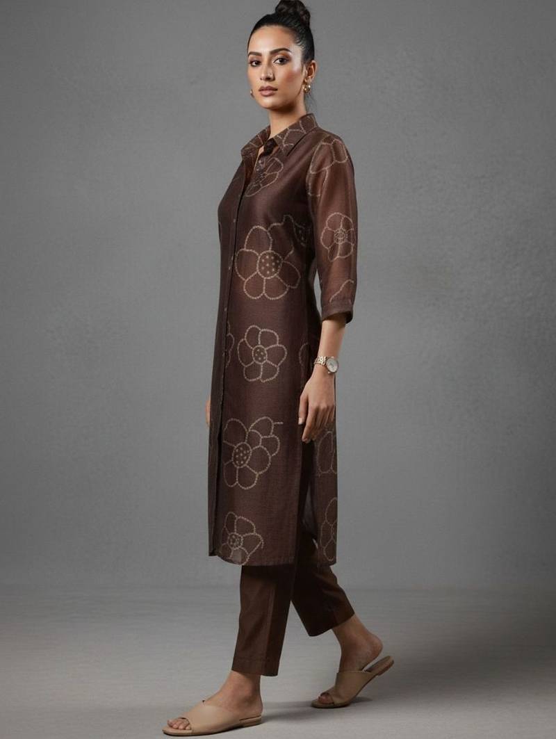 women bandhani printed regular chanderi silk workwear kurta with trousers