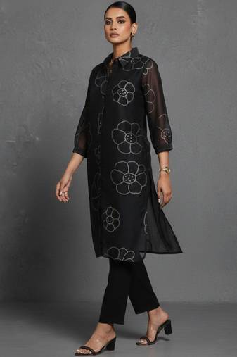 women floral printed office chanderi silk kurta with trousers
