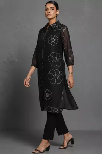 women floral printed office chanderi silk kurta with trousers