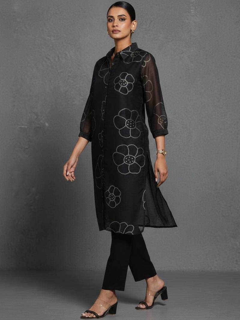 women floral printed office chanderi silk kurta with trousers