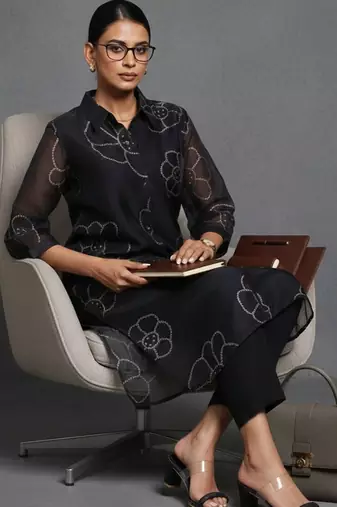 women floral printed office chanderi silk kurta with trousers