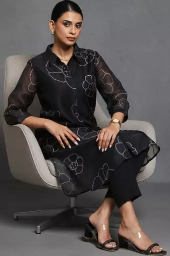 women floral printed office chanderi silk kurta with trousers