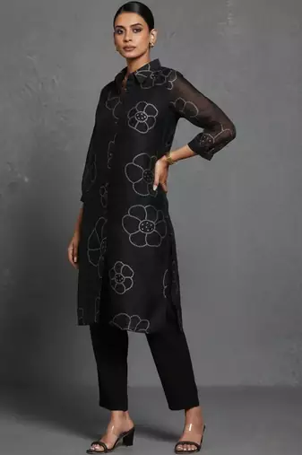 women floral printed office chanderi silk kurta with trousers