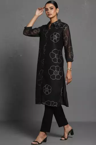 women floral printed office chanderi silk kurta with trousers