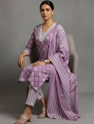 women ethnic motifs printed regular workwear kurta with trousers & with dupatta 1