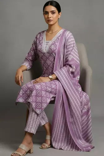 women ethnic motifs printed regular workwear kurta with trousers & with dupatta