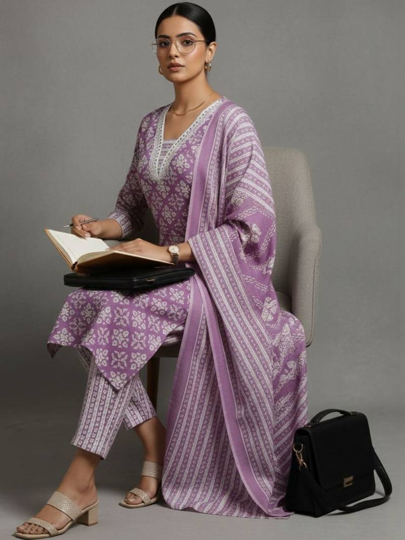 women ethnic motifs printed regular workwear kurta with trousers & with dupatta