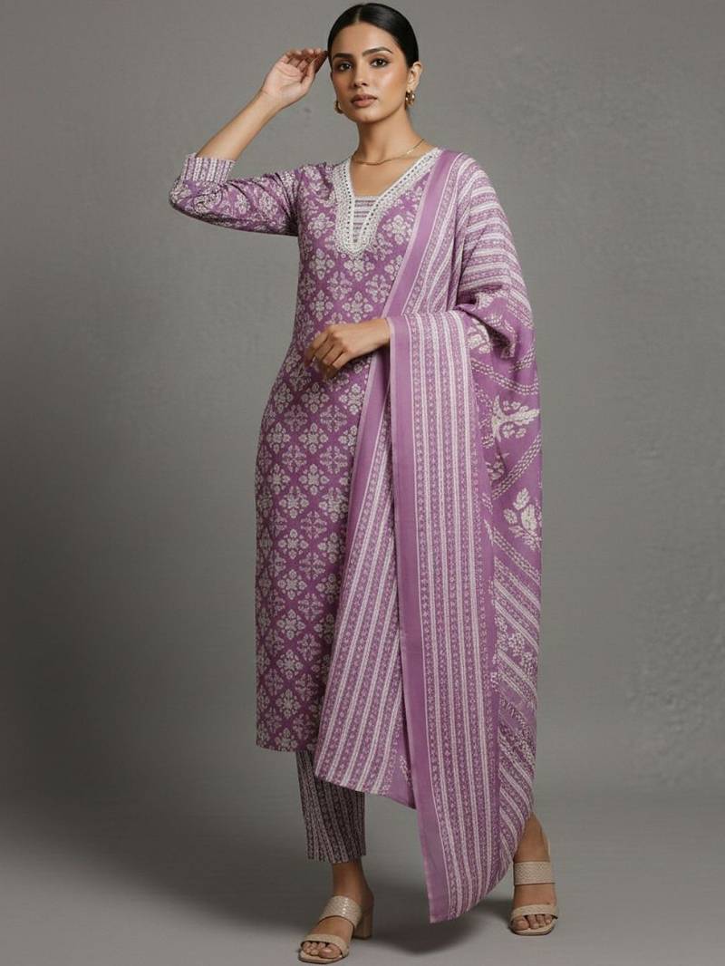 women ethnic motifs printed regular workwear kurta with trousers & with dupatta