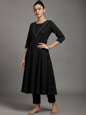 women striped regular thread work silk crepe workwear kurta with trousers 1