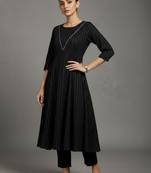women striped regular thread work silk crepe workwear kurta with trousers