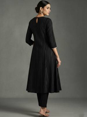 women striped regular thread work silk crepe workwear kurta with trousers 2