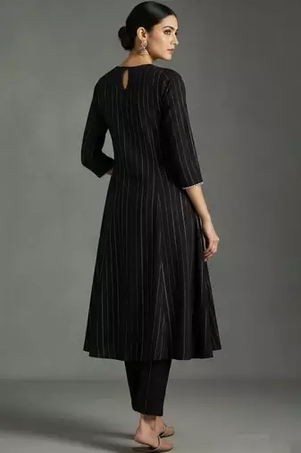 women striped regular thread work silk crepe workwear kurta with trousers