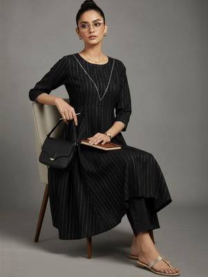 women striped regular thread work silk crepe workwear kurta with trousers 3