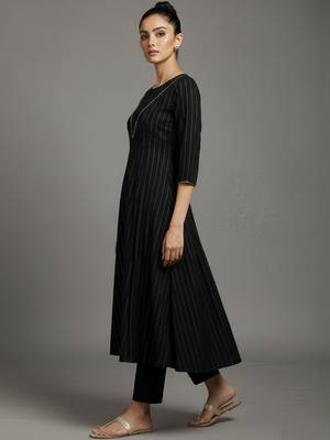 women striped regular thread work silk crepe workwear kurta with trousers 5