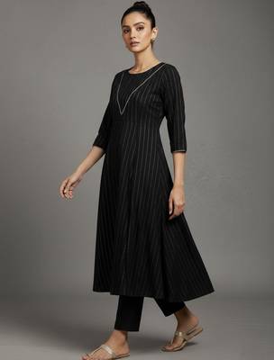 women striped regular thread work silk crepe workwear kurta with trousers 6