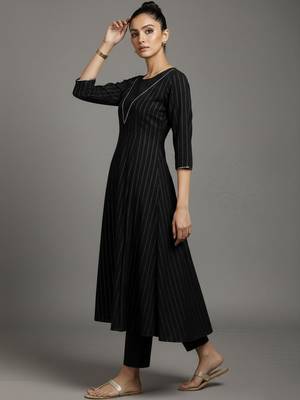 women striped regular thread work silk crepe workwear kurta with trousers 7