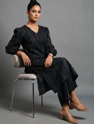 women striped regular silk crepe workwear kurta with trousers 1