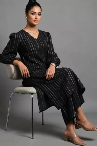 women striped regular silk crepe workwear kurta with trousers