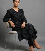 women striped regular silk crepe workwear kurta with trousers