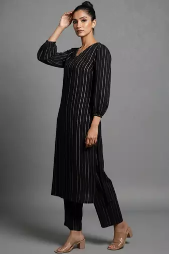 women striped regular silk crepe workwear kurta with trousers
