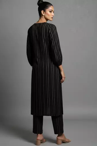 women striped regular silk crepe workwear kurta with trousers