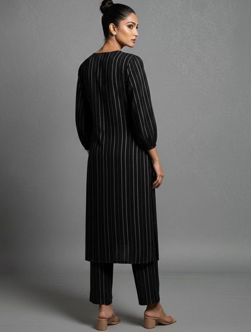 women striped regular silk crepe workwear kurta with trousers