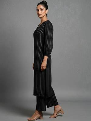 women striped regular silk crepe workwear kurta with trousers 4