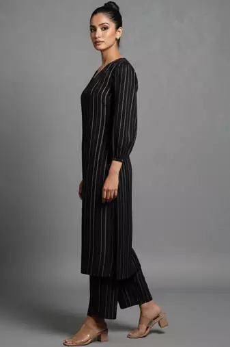 women striped regular silk crepe workwear kurta with trousers