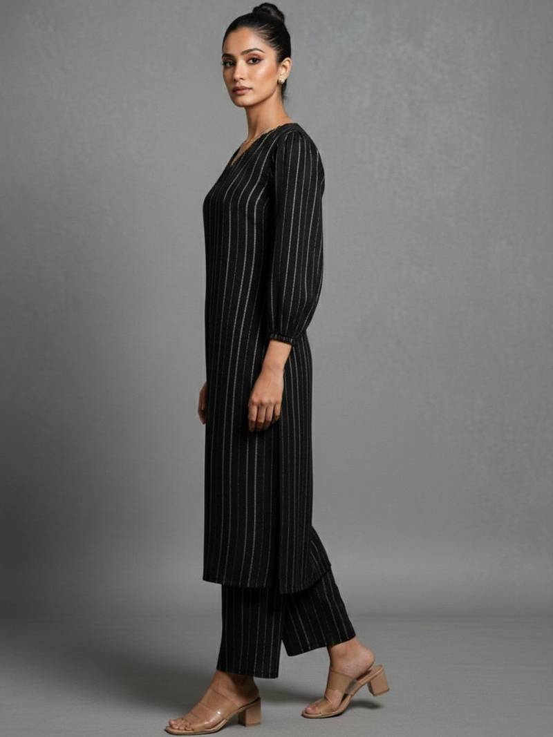 women striped regular silk crepe workwear kurta with trousers