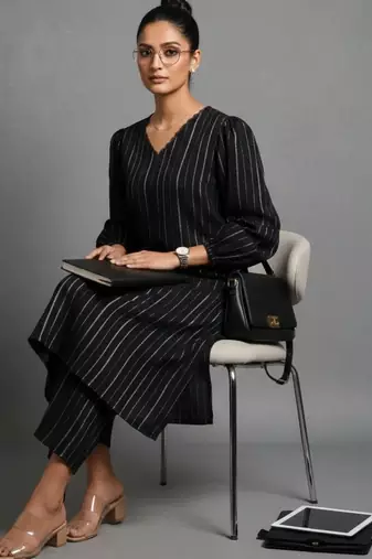 women striped regular silk crepe workwear kurta with trousers