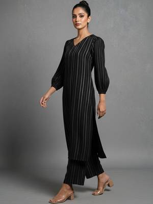 women striped regular silk crepe workwear kurta with trousers 6