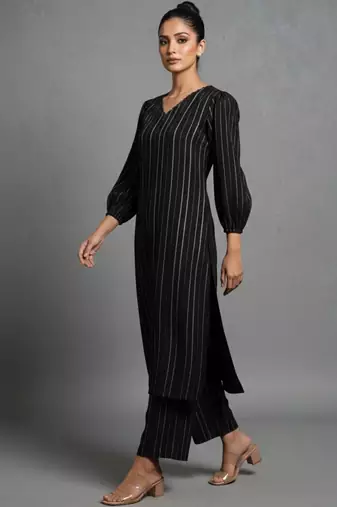 women striped regular silk crepe workwear kurta with trousers