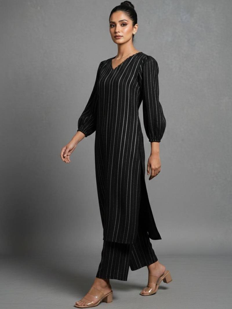 women striped regular silk crepe workwear kurta with trousers