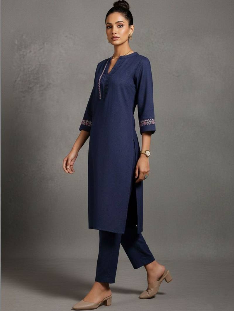 women embroidered thread work smart comfort kurta with trousers