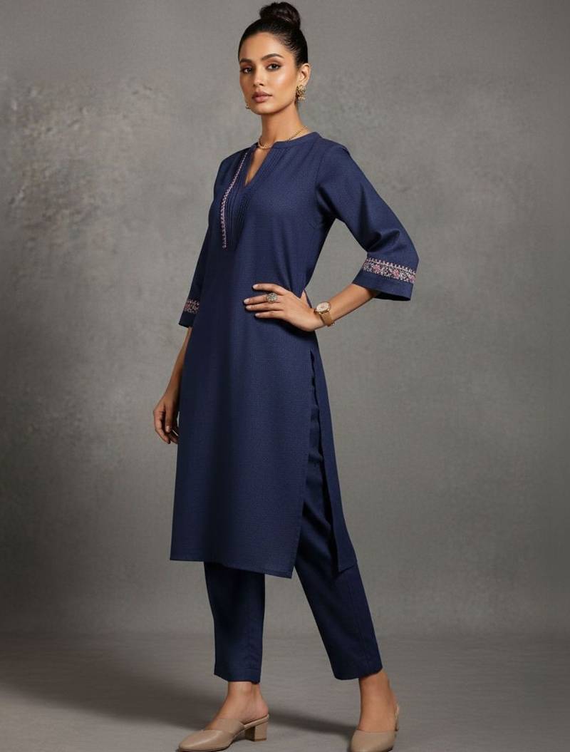 women embroidered thread work smart comfort kurta with trousers