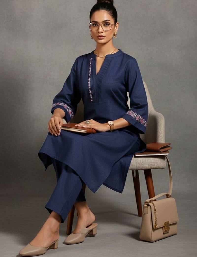women embroidered thread work smart comfort kurta with trousers