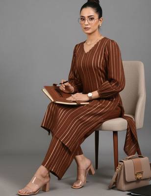 women striped urban sleek silk crepe kurta with trousers 1