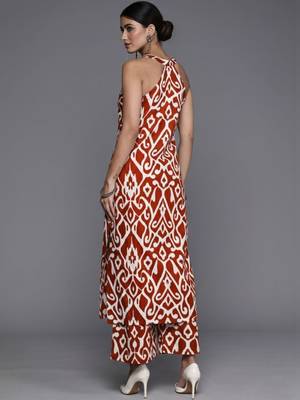 women ethnic motifs printed regular cotton workwear kurta with trousers 2