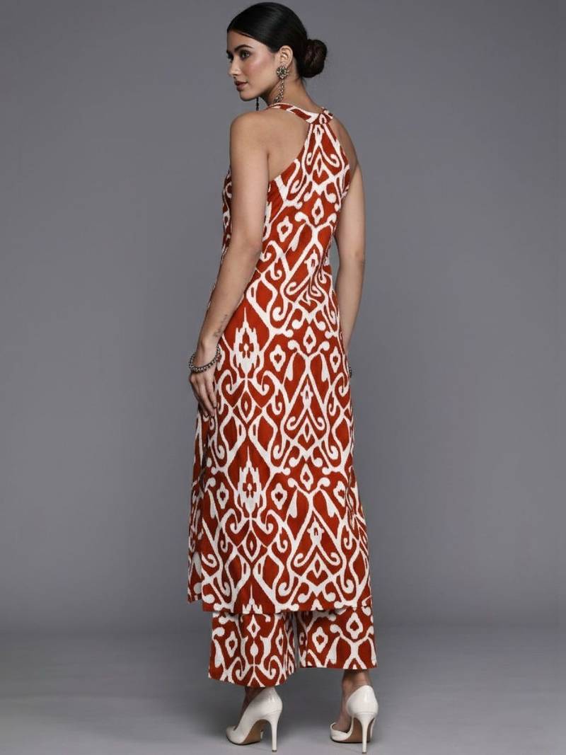 women ethnic motifs printed regular cotton workwear kurta with trousers