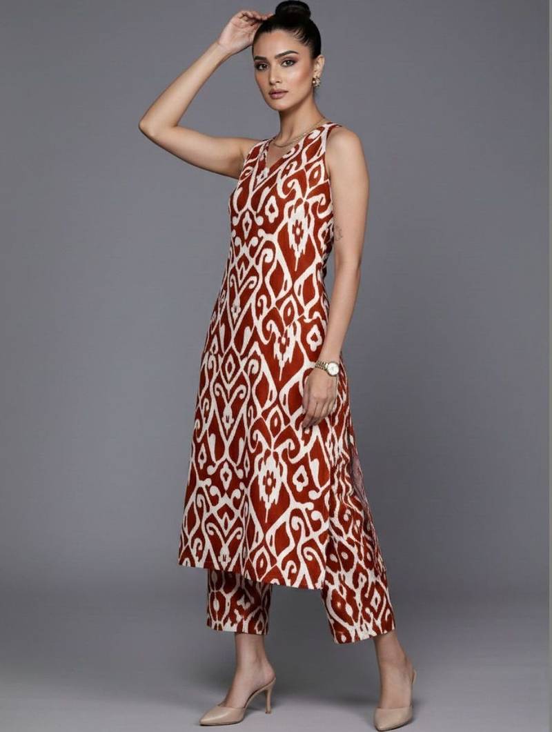 women ethnic motifs printed regular cotton workwear kurta with trousers