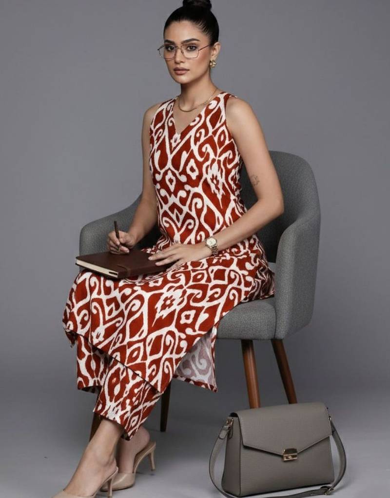 women ethnic motifs printed regular cotton workwear kurta with trousers