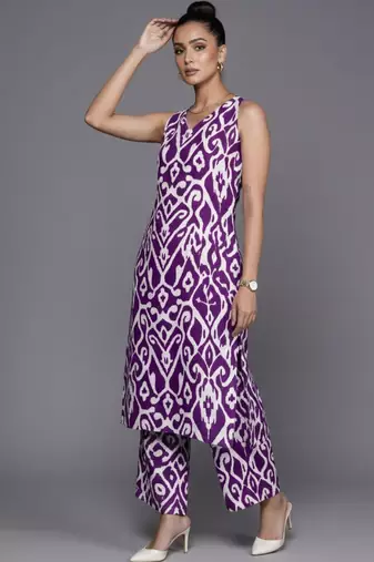 women printed regular cotton workwear kurta with palazzos