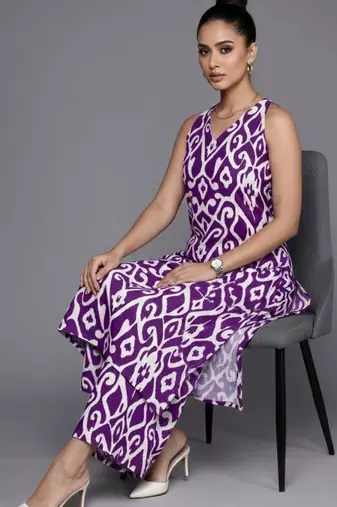 women printed regular cotton workwear kurta with palazzos