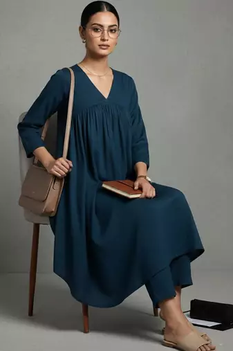 women empire silk crepe workwear kurta with trousers