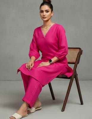 women regular thread work smart office kurta with trousers 1