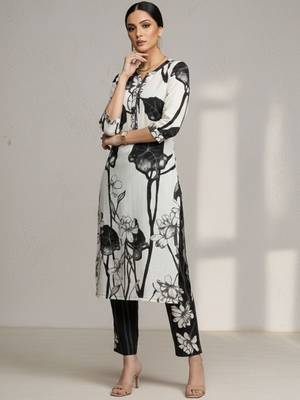 women floral printed regular cotton workwear kurta with trousers 2