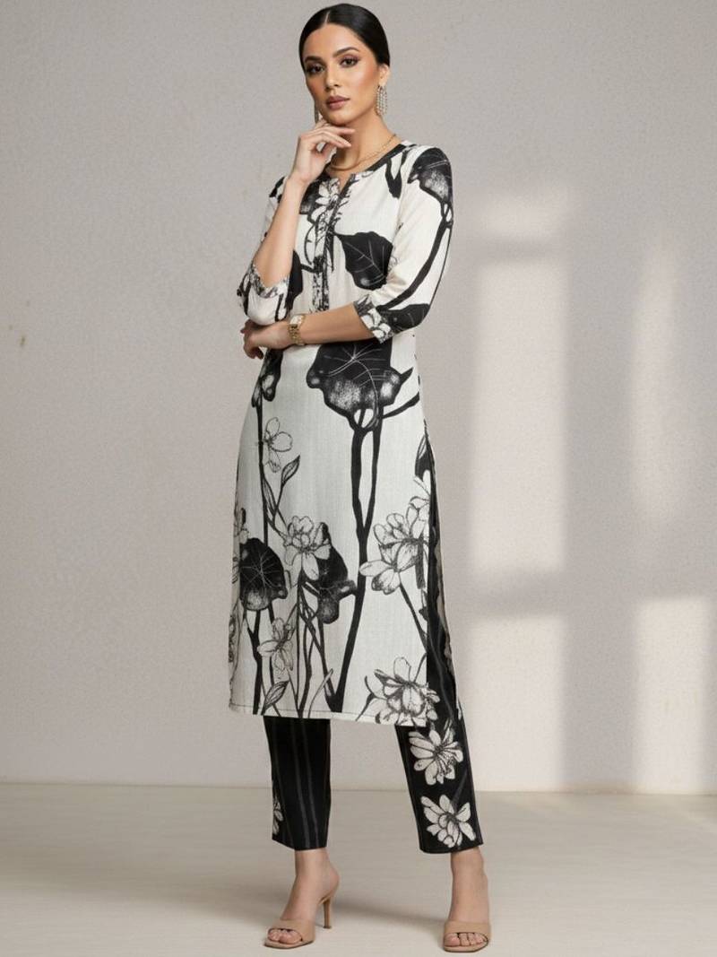 women floral printed regular cotton workwear kurta with trousers